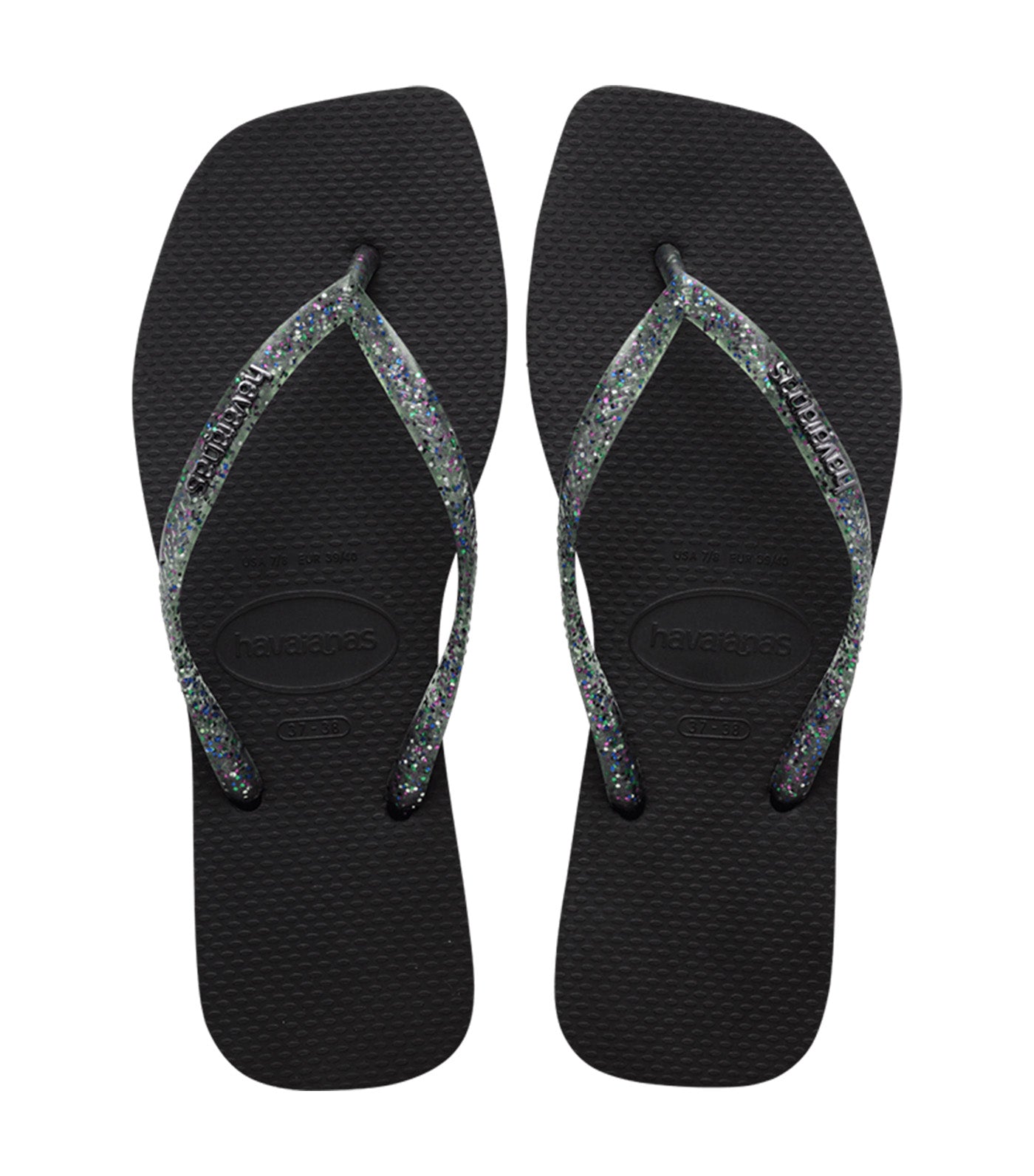 Slim Square Logo Metallic Flip Flops Black