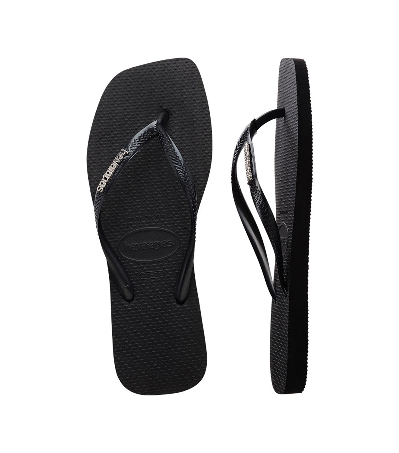 Slim Square Logo Metallic Flip Flops Black/Silver