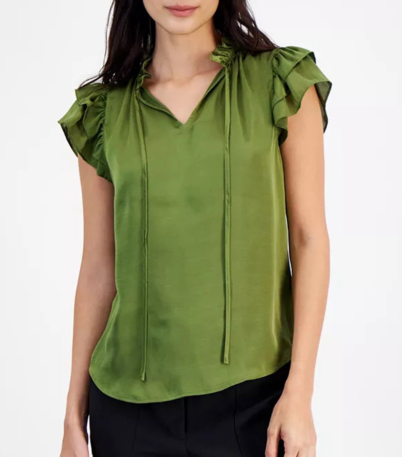 Tie-Neck Ruffle-Sleeve Blouse Bay Leaf