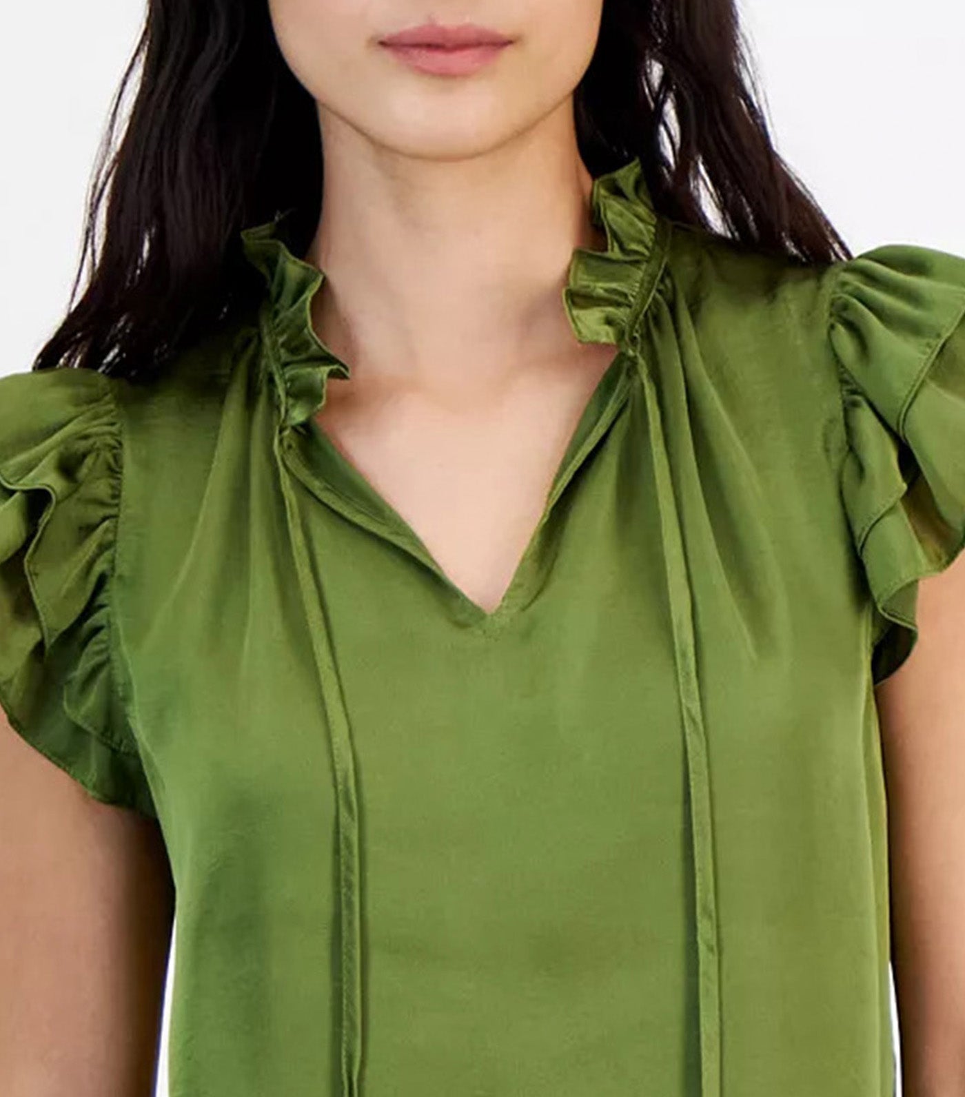 Tie-Neck Ruffle-Sleeve Blouse Bay Leaf