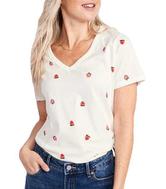 EveryWear V-Neck Printed T-Shirt for Women Strawberry