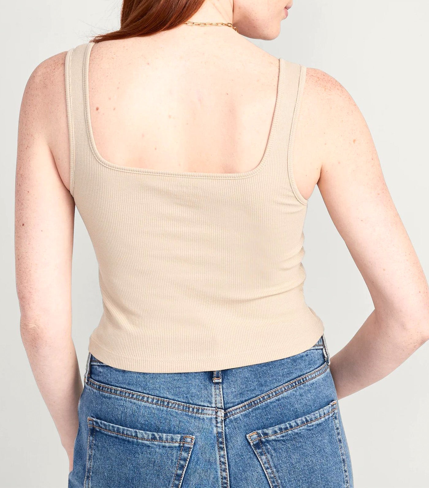 Fitted Square-Neck Ultra-Cropped Rib-Knit Tank Top for Women Dried Linen