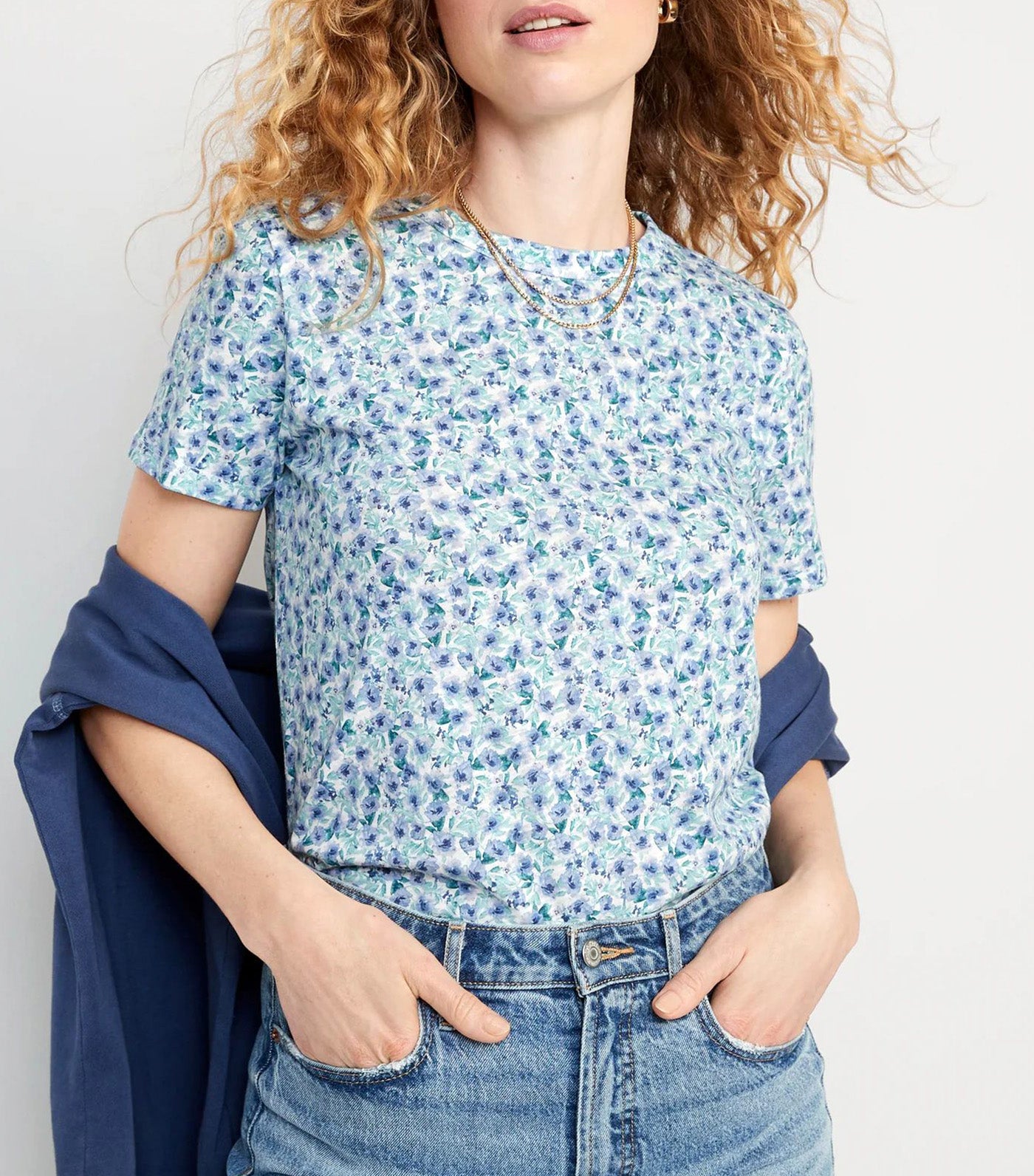 EveryWear Printed Slub-Knit T-Shirt for Women Blue Floral