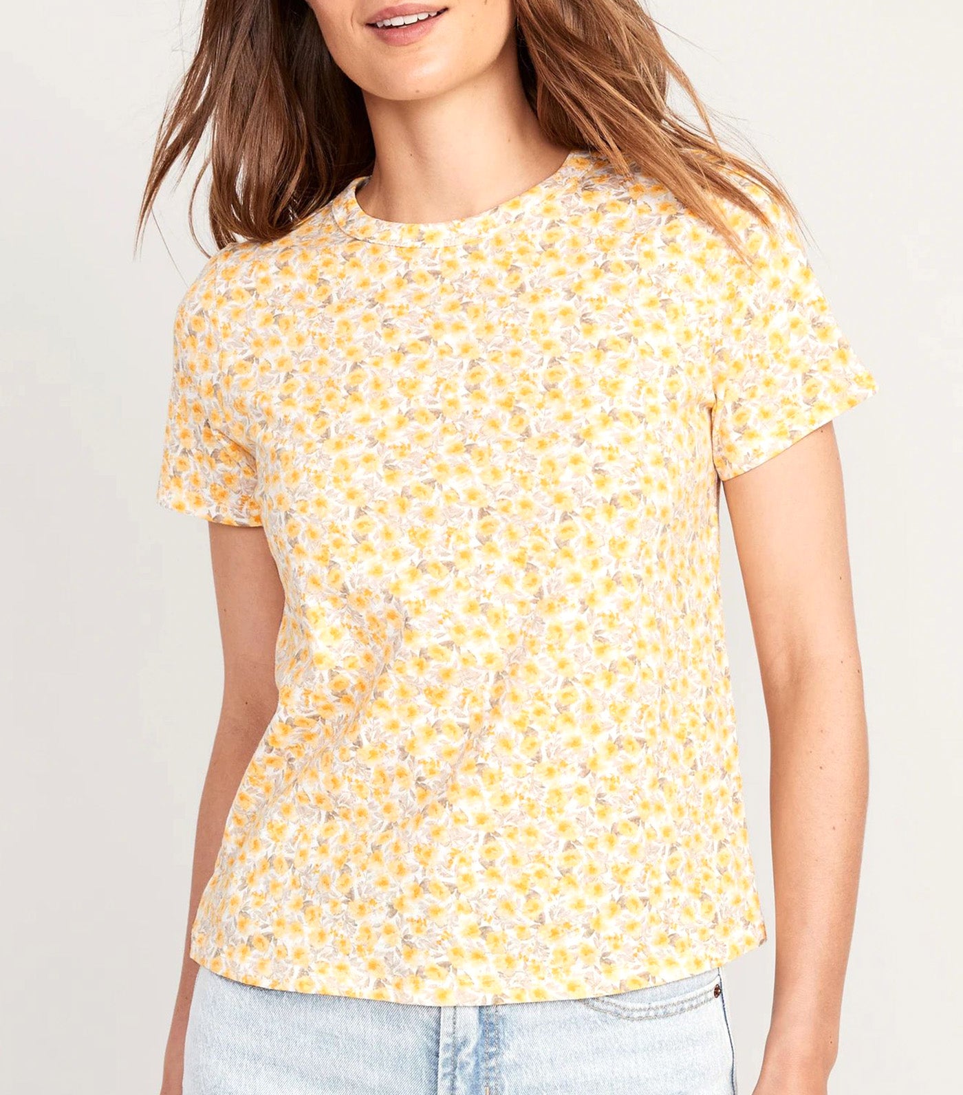 EveryWear Printed Slub-Knit T-Shirt for Women Yellow Floral