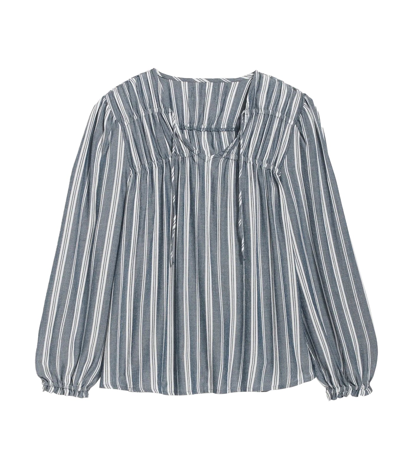 Striped Crinkled Smocked Poet Swing Blouse for Women Blue Stripes