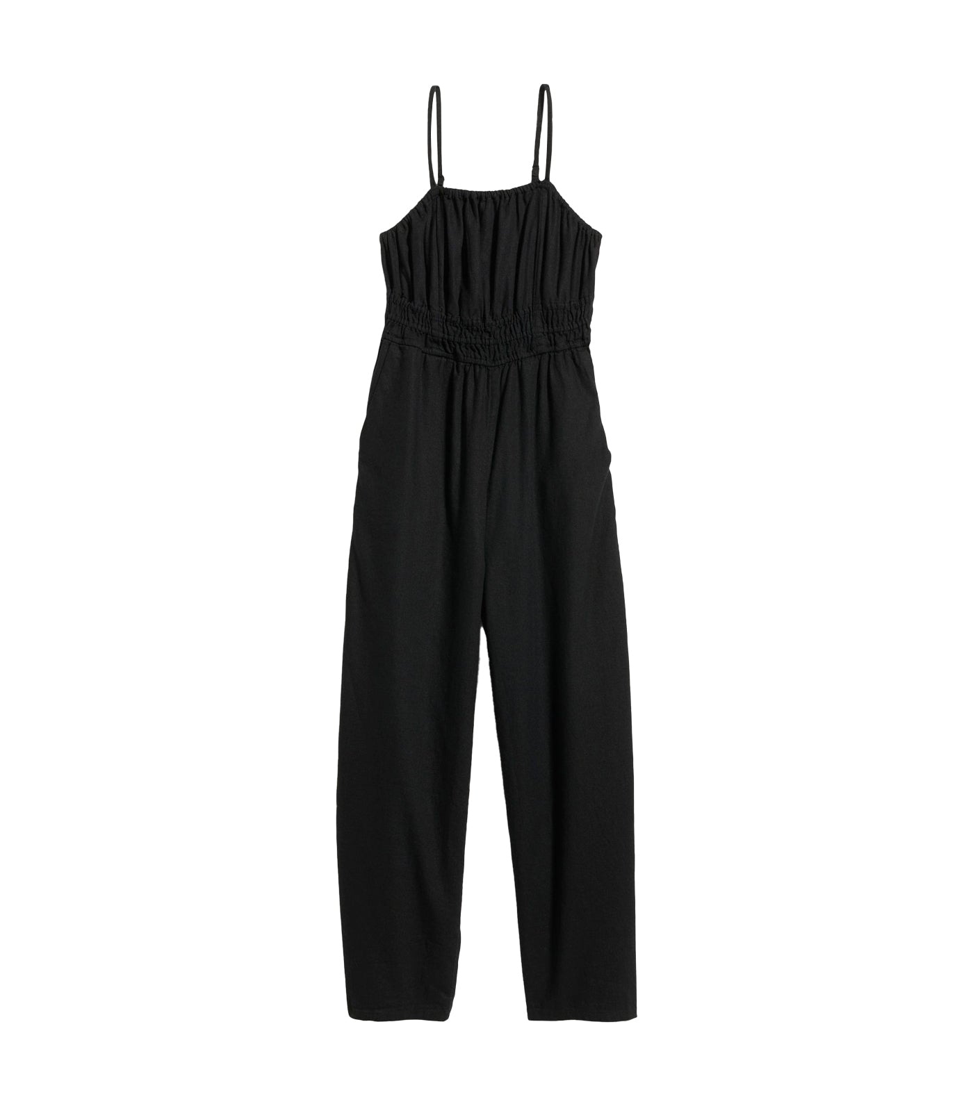 Waist-Defined Linen-Blend Cropped Smocked Cami Jumpsuit for Women Black Jack
