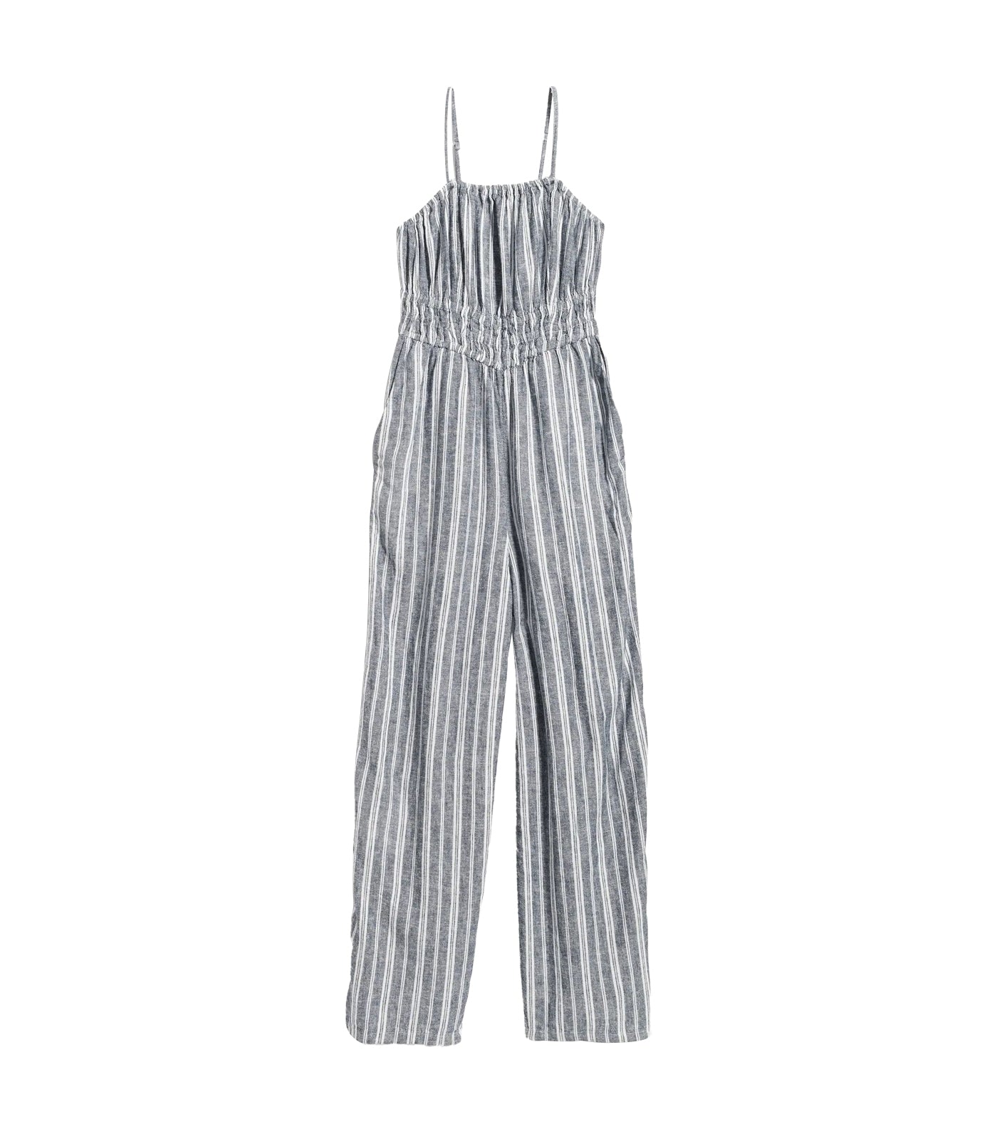 Striped Linen-Blend Cropped Smocked Cami Wide-Leg Jumpsuit for Women Blue Stripes