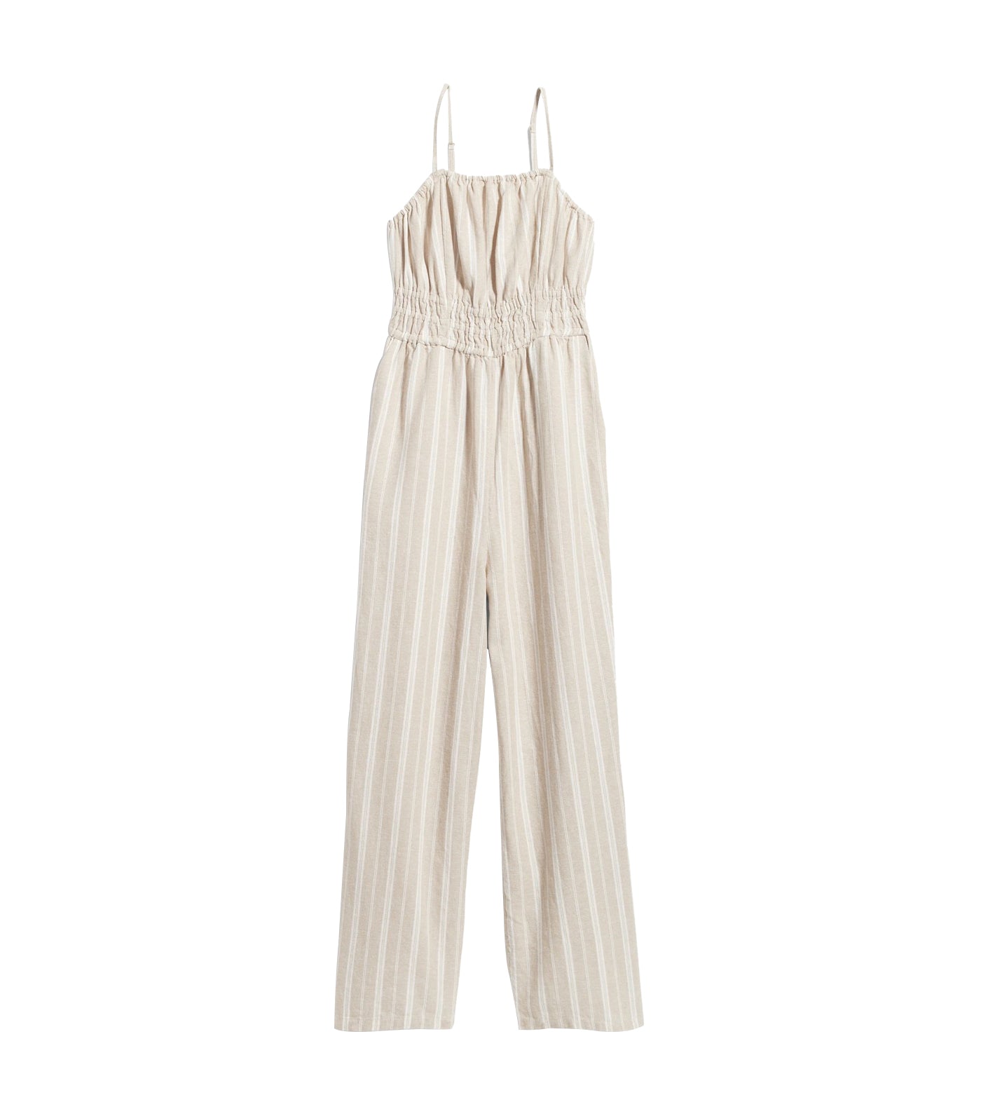 Striped Linen-Blend Cropped Smocked Cami Wide-Leg Jumpsuit for Women White Stripes