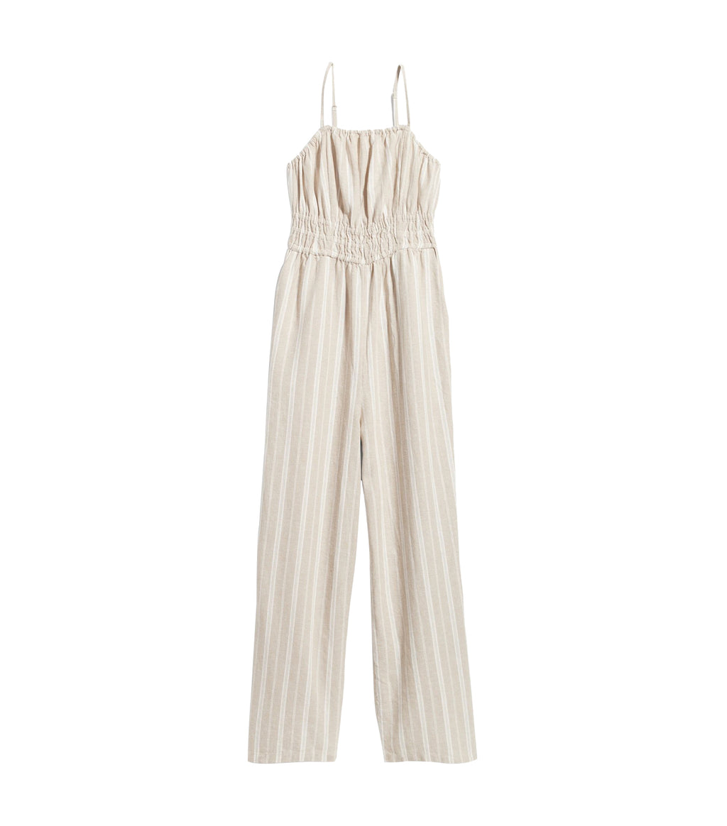 Striped Linen-Blend Cropped Smocked Cami Wide-Leg Jumpsuit