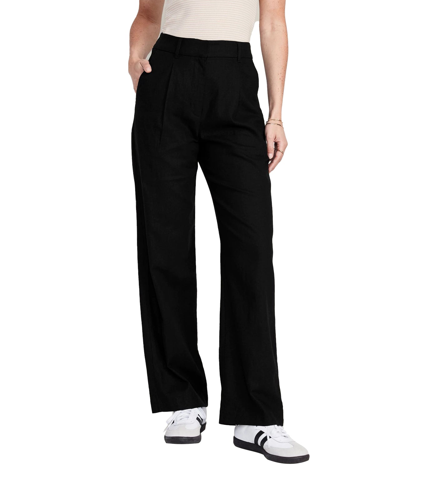 Extra High-Waisted Pleated Linen-Blend Wide-Leg Trouser Suit Pants for Women Black Jack