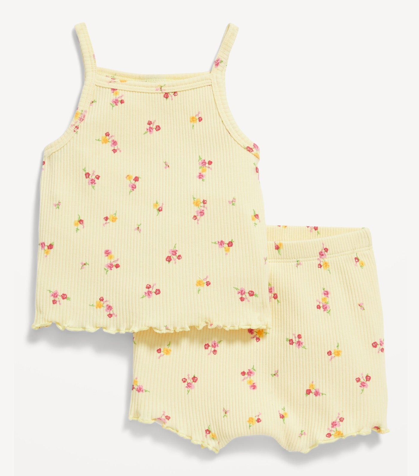 Printed Rib-Knit Lettuce-Edge Cami & Shorts Set for Baby - Golden Straw