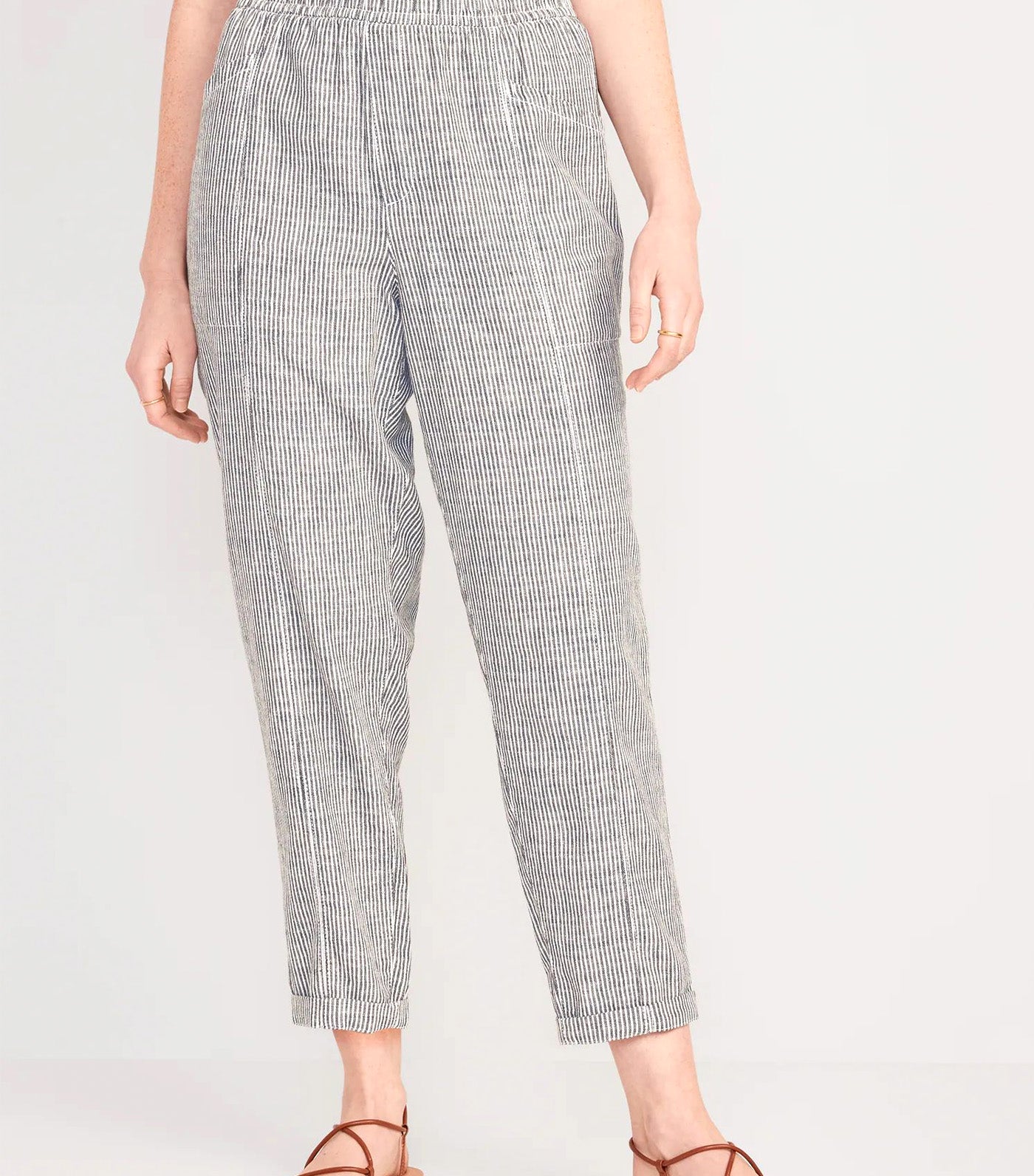 High-Waist Striped Cropped Linen-Blend Tapered Pants Blue Stripe
