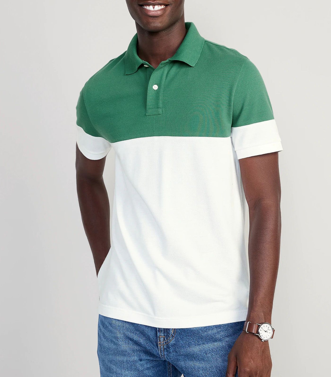 Color-Block Classic Fit Pique Polo for Men Green/White
