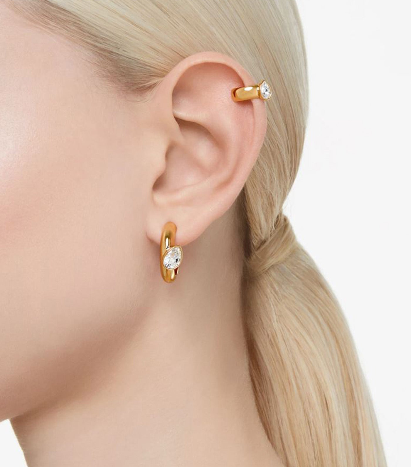 Dextera Hoop Earrings with Ear Cuff Set (3), Pear Cut, White, Gold-Tone Plated Gold