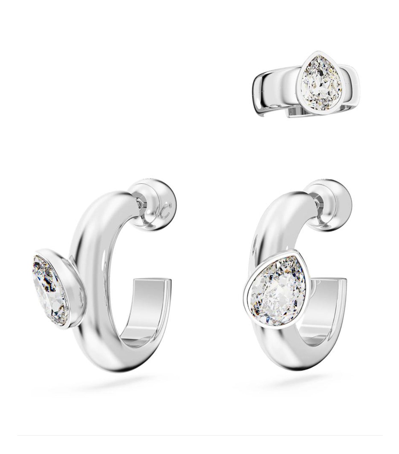 Dextera Hoop Earrings with Ear Cuff Set (3), Pear Cut, White, Rhodium Plated Silver