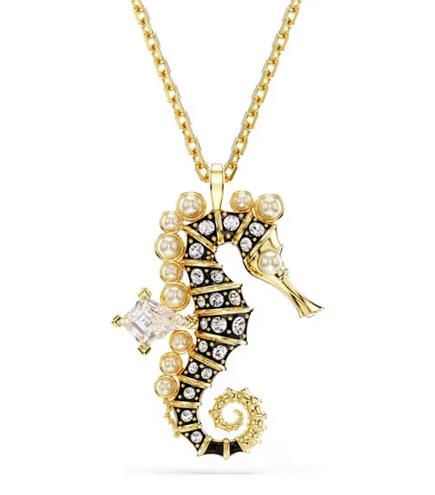 Idyllia Pendant Crystal Pearls, Seahorse, White, Gold-Tone Plated Gold