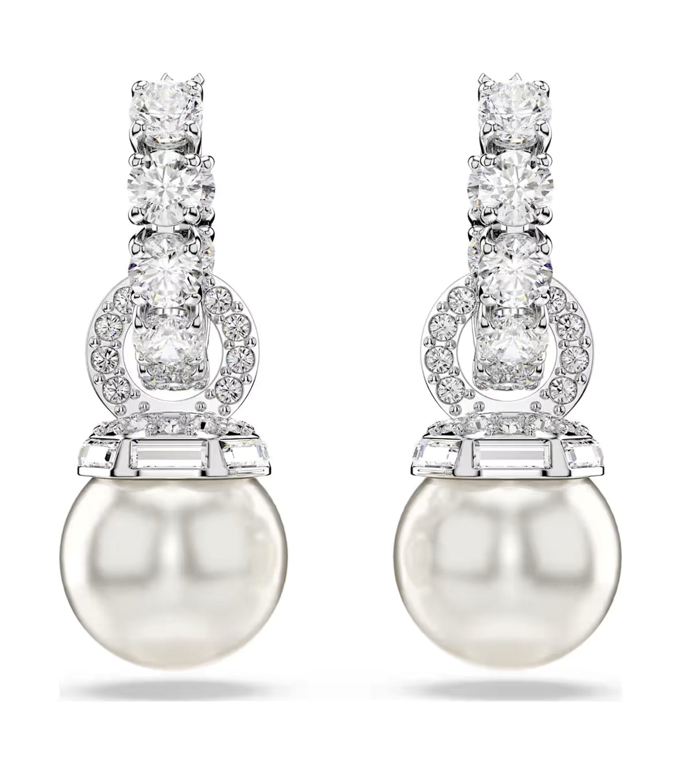 Matrix Drop Earrings Crystal Pearl, Round Cut, Rhodium-Plated White