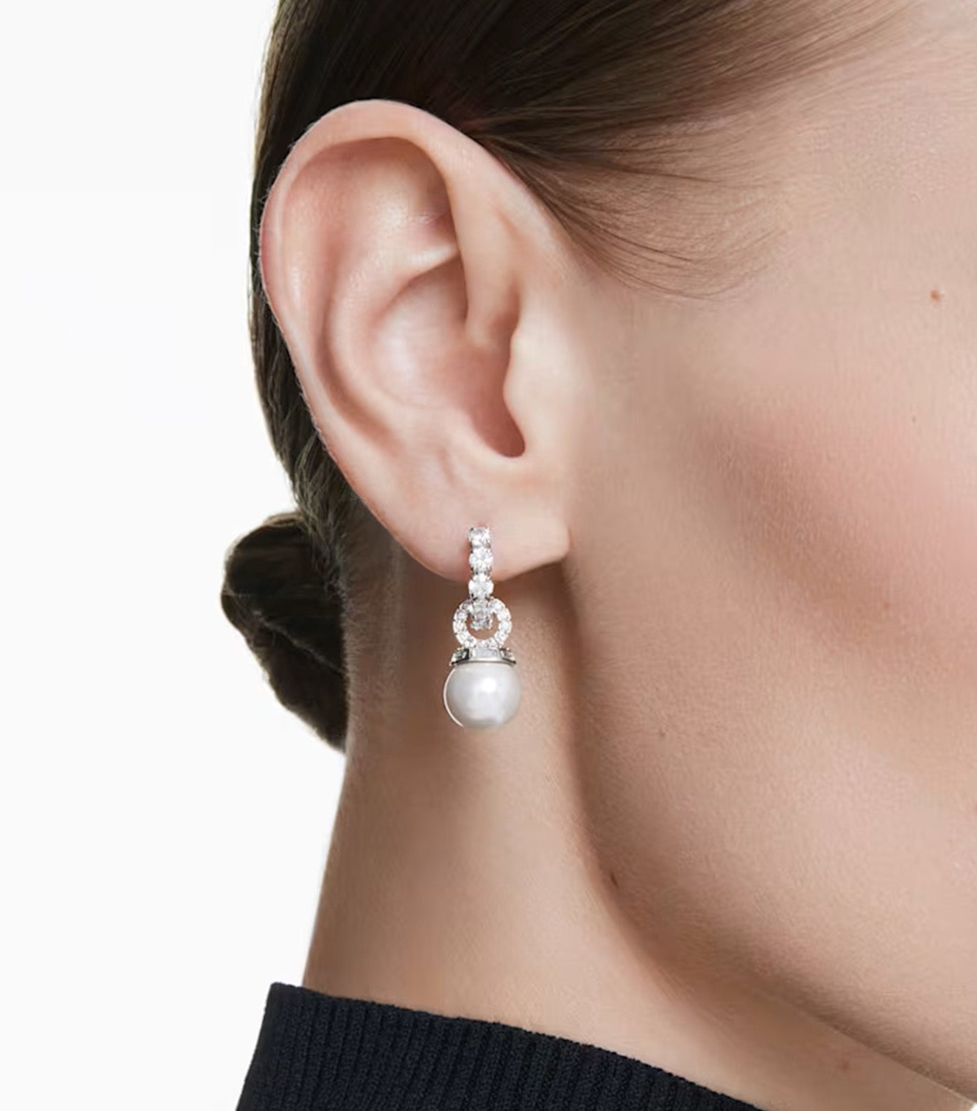 Matrix Drop Earrings Crystal Pearl, Round Cut, Rhodium-Plated White