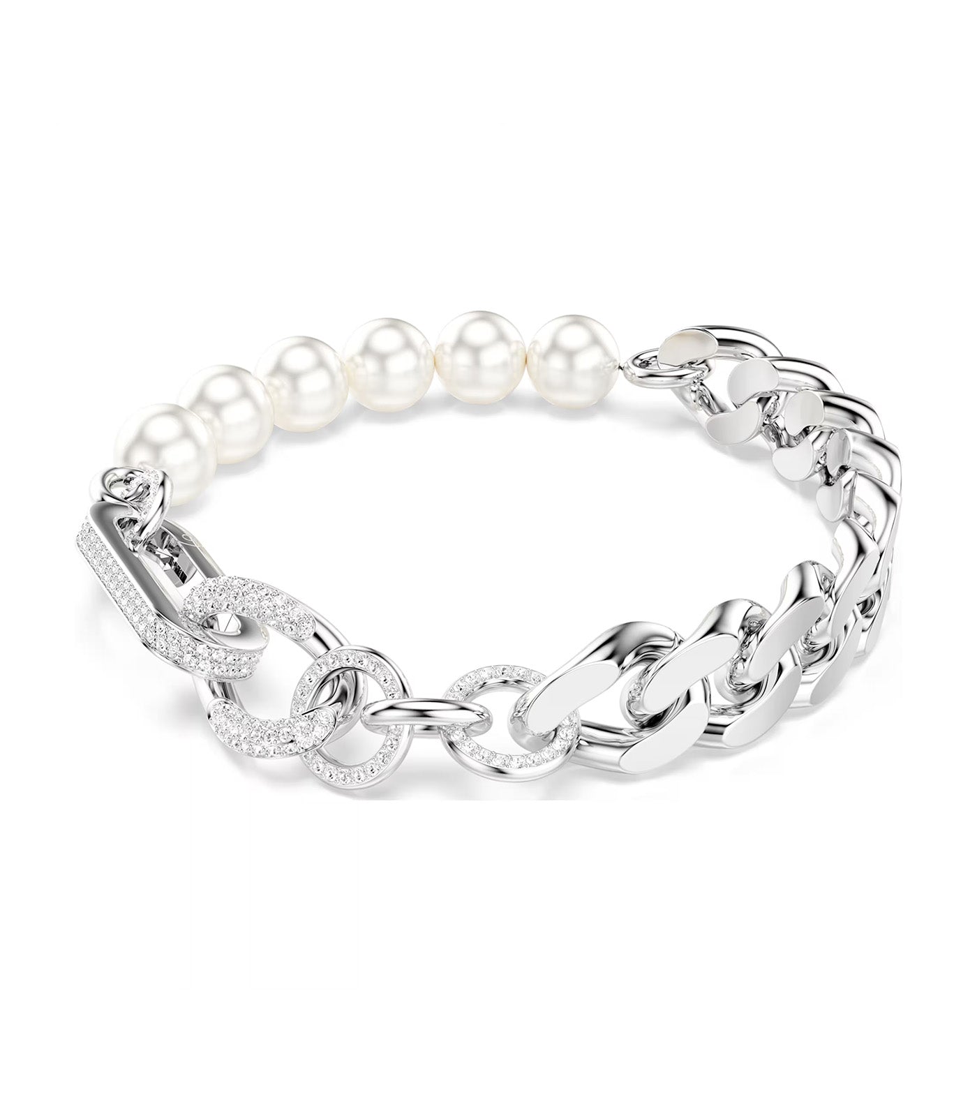 Dextera Bracelet Crystal Pearl, Mixed Links, White, Rhodium Plated White