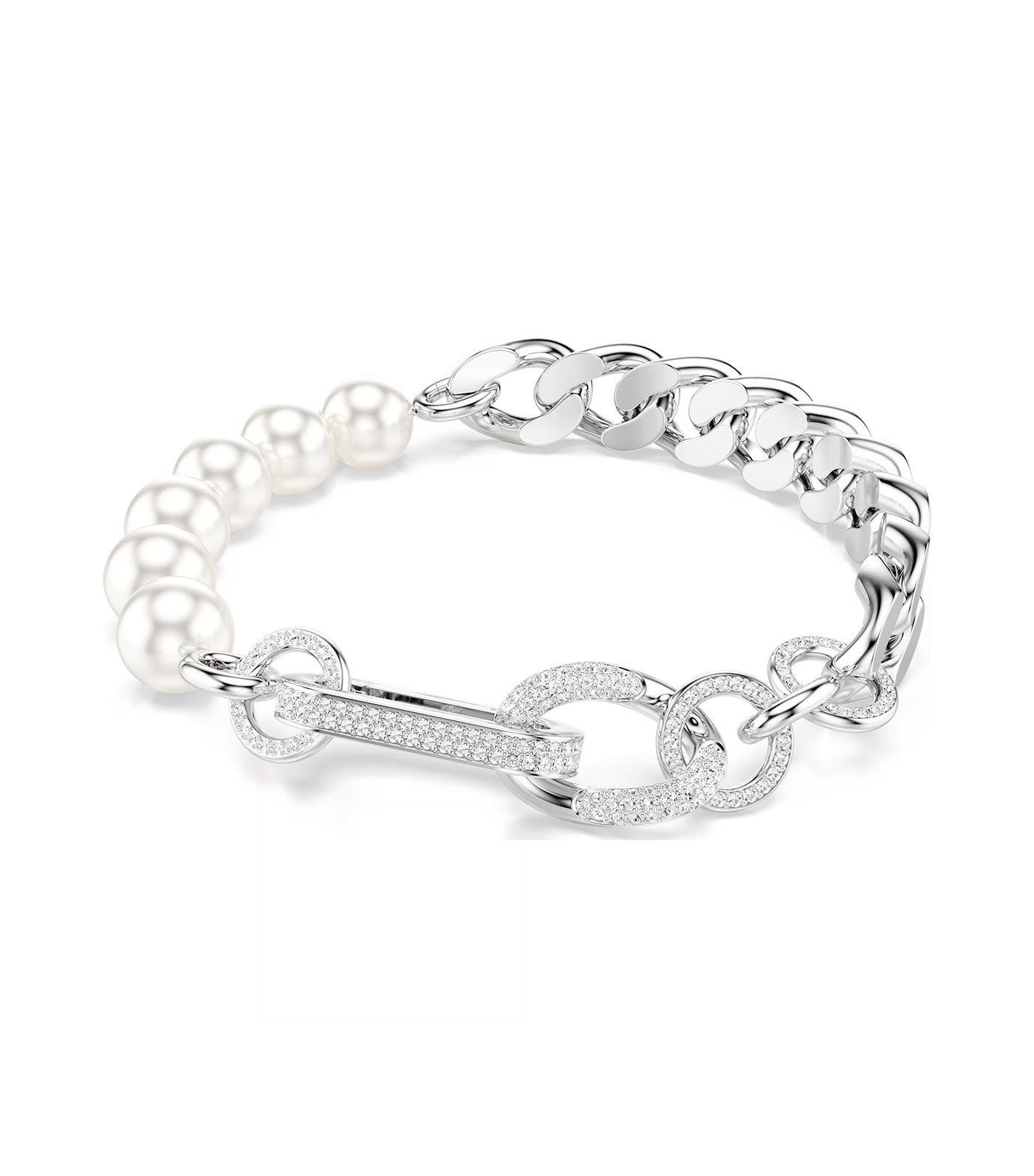 Dextera Bracelet Crystal Pearl, Mixed Links, White, Rhodium Plated White