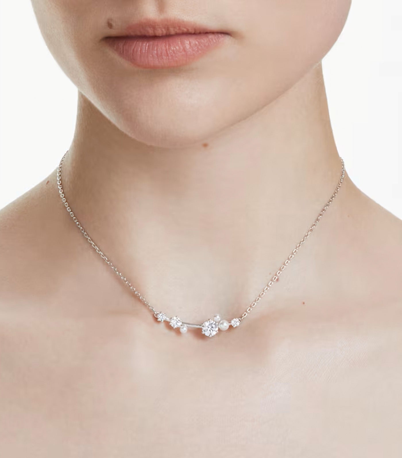 Constella Necklace, Crystal Pearl, Round Cuts, White, Rhodium Plated