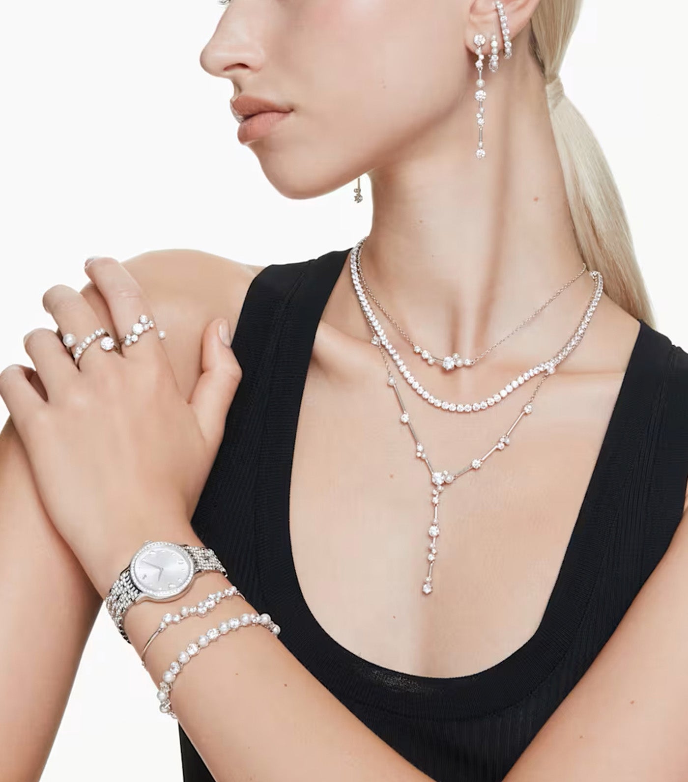 Constella Necklace, Crystal Pearl, Round Cuts, White, Rhodium Plated