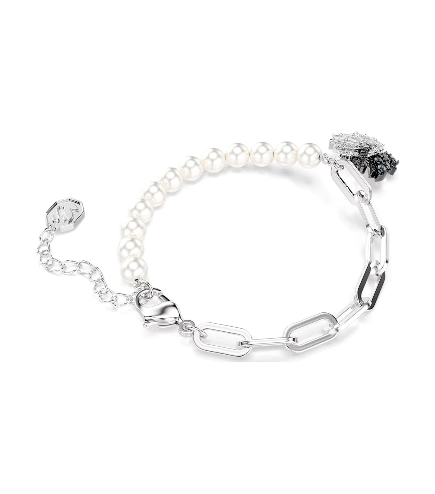 Swan Bracelet Crystal Pearl, Swan, Black, Rhodium Plated