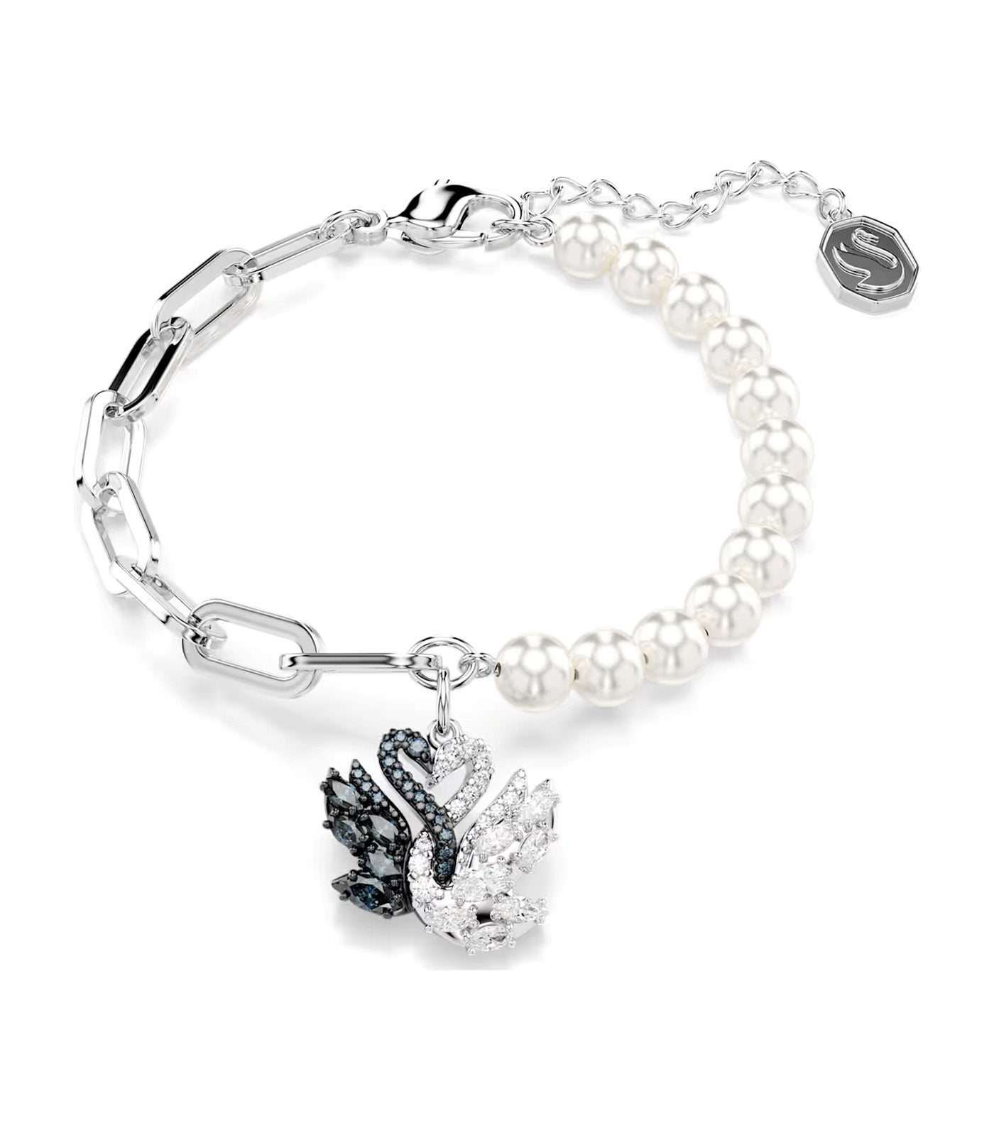 Swan Bracelet Crystal Pearl, Swan, Black, Rhodium Plated