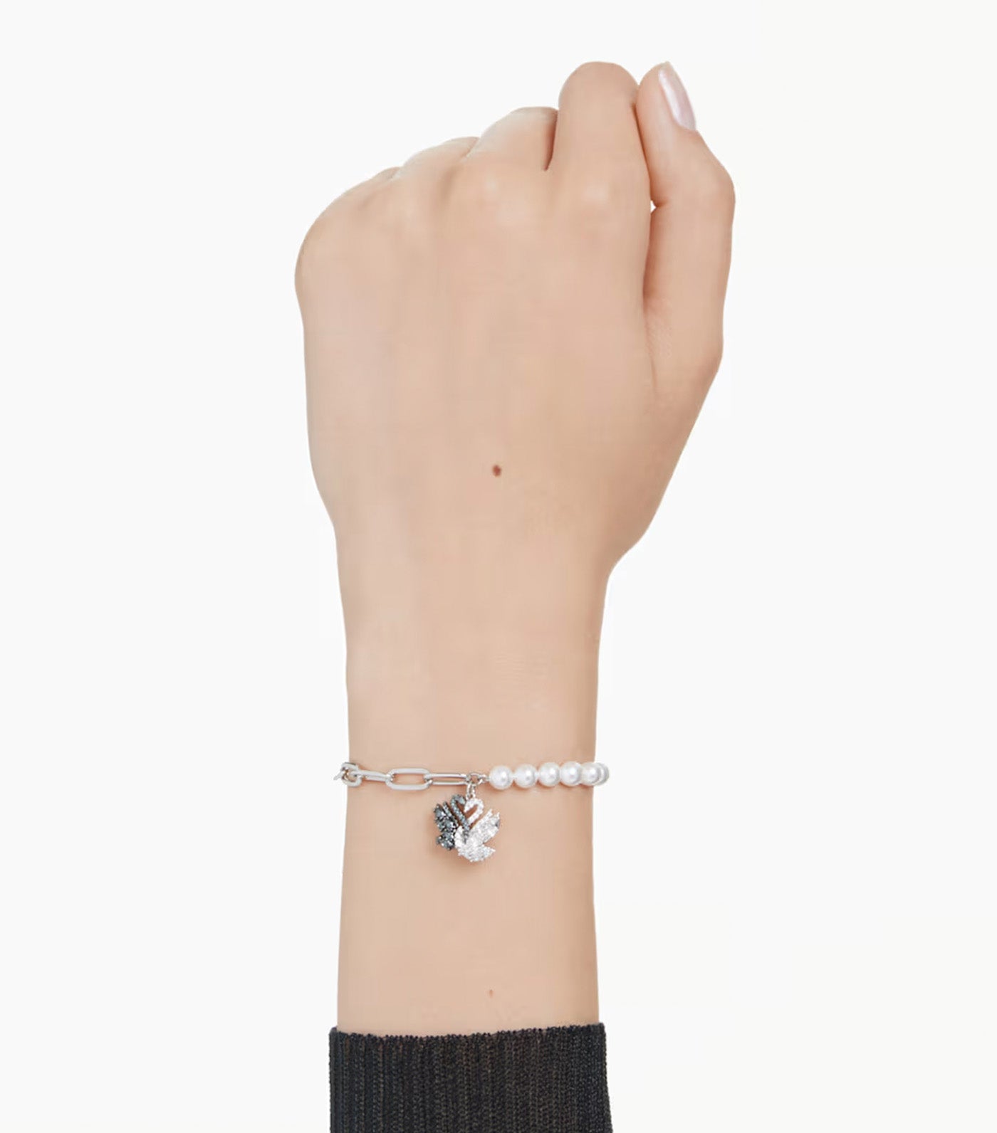 Swan Bracelet Crystal Pearl, Swan, Black, Rhodium Plated