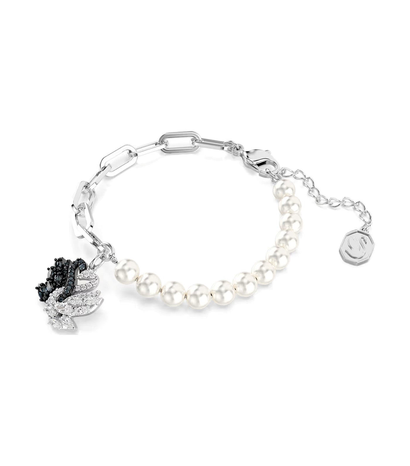 Swan Bracelet Crystal Pearl, Swan, Black, Rhodium Plated