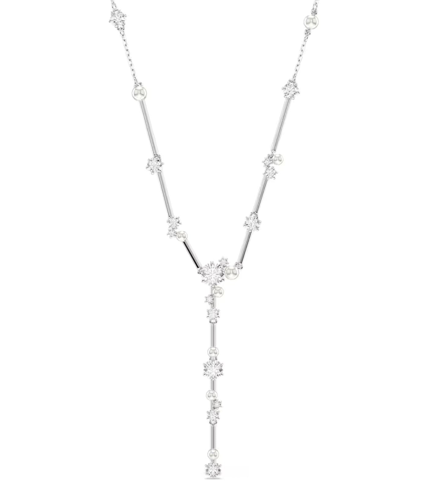 Constella Y Necklace Crystal Pearl, Round Cuts, White, Rhodium Plated