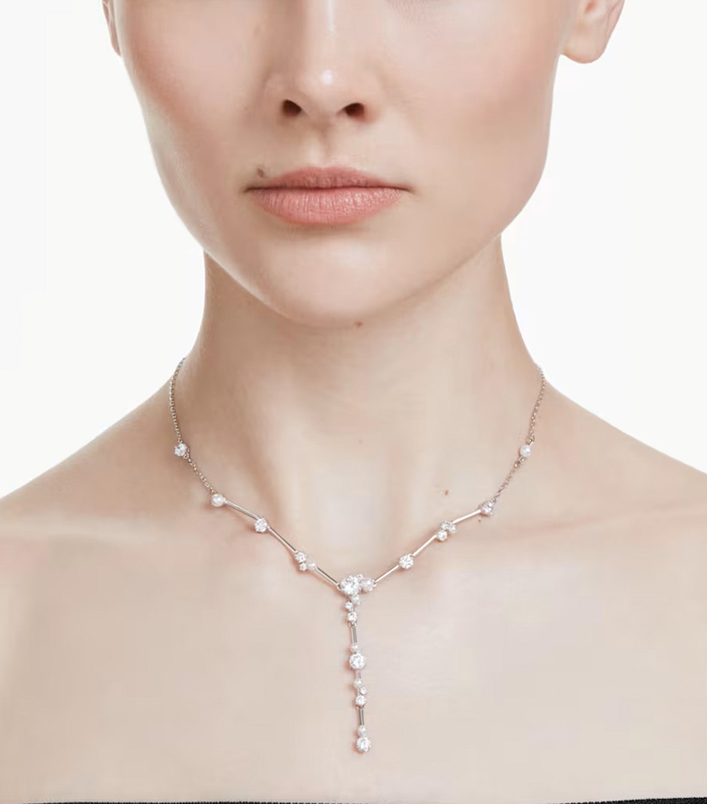 Constella Y Necklace Crystal Pearl, Round Cuts, White, Rhodium Plated