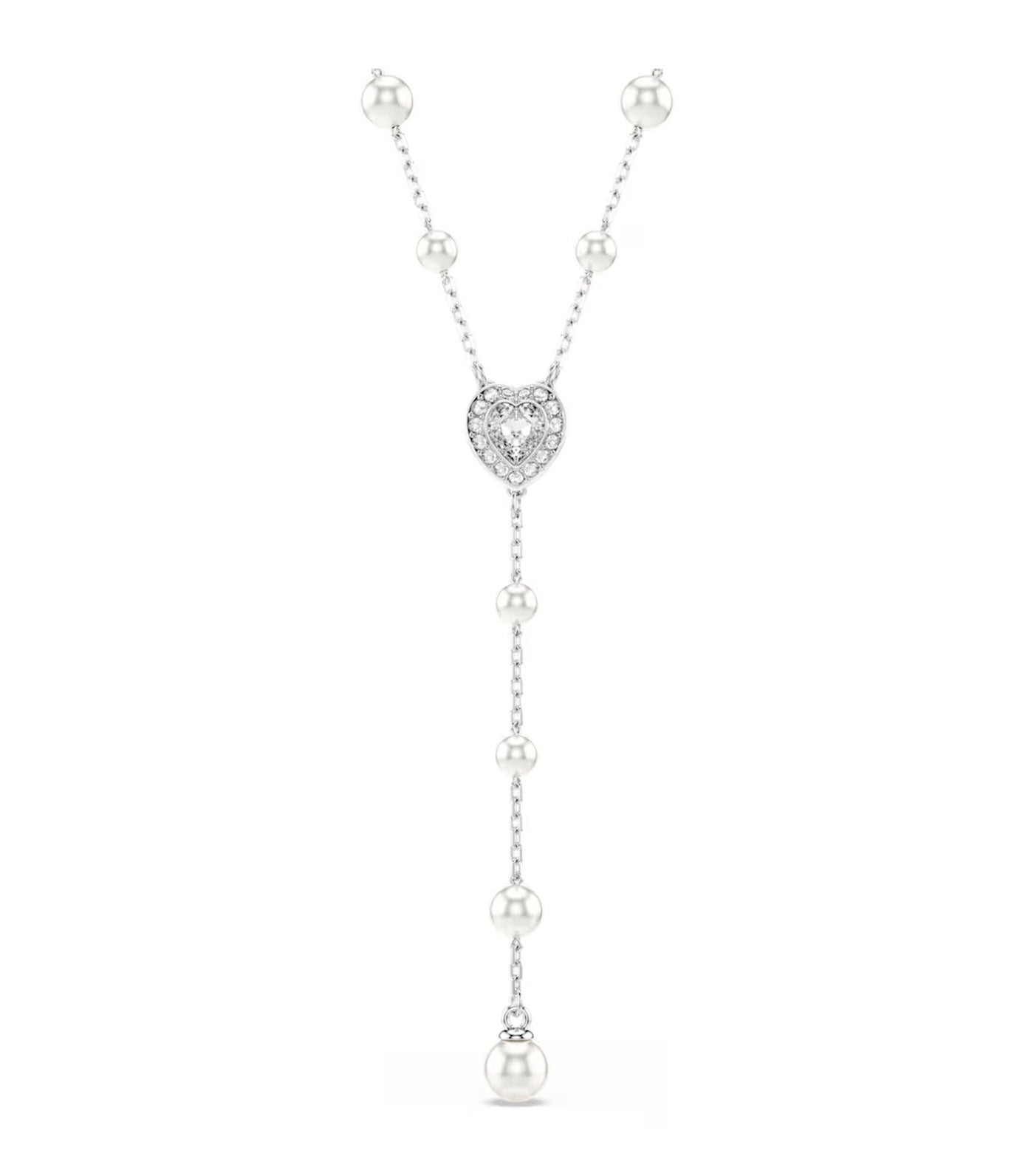 Ariana Grande x Swarovski Y Necklace Crystal Pearl, Mixed Cuts, Heart, White, Rhodium Plated