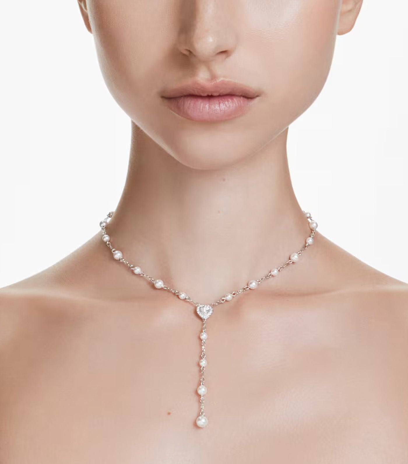 Ariana Grande x Swarovski Y Necklace Crystal Pearl, Mixed Cuts, Heart, White, Rhodium Plated