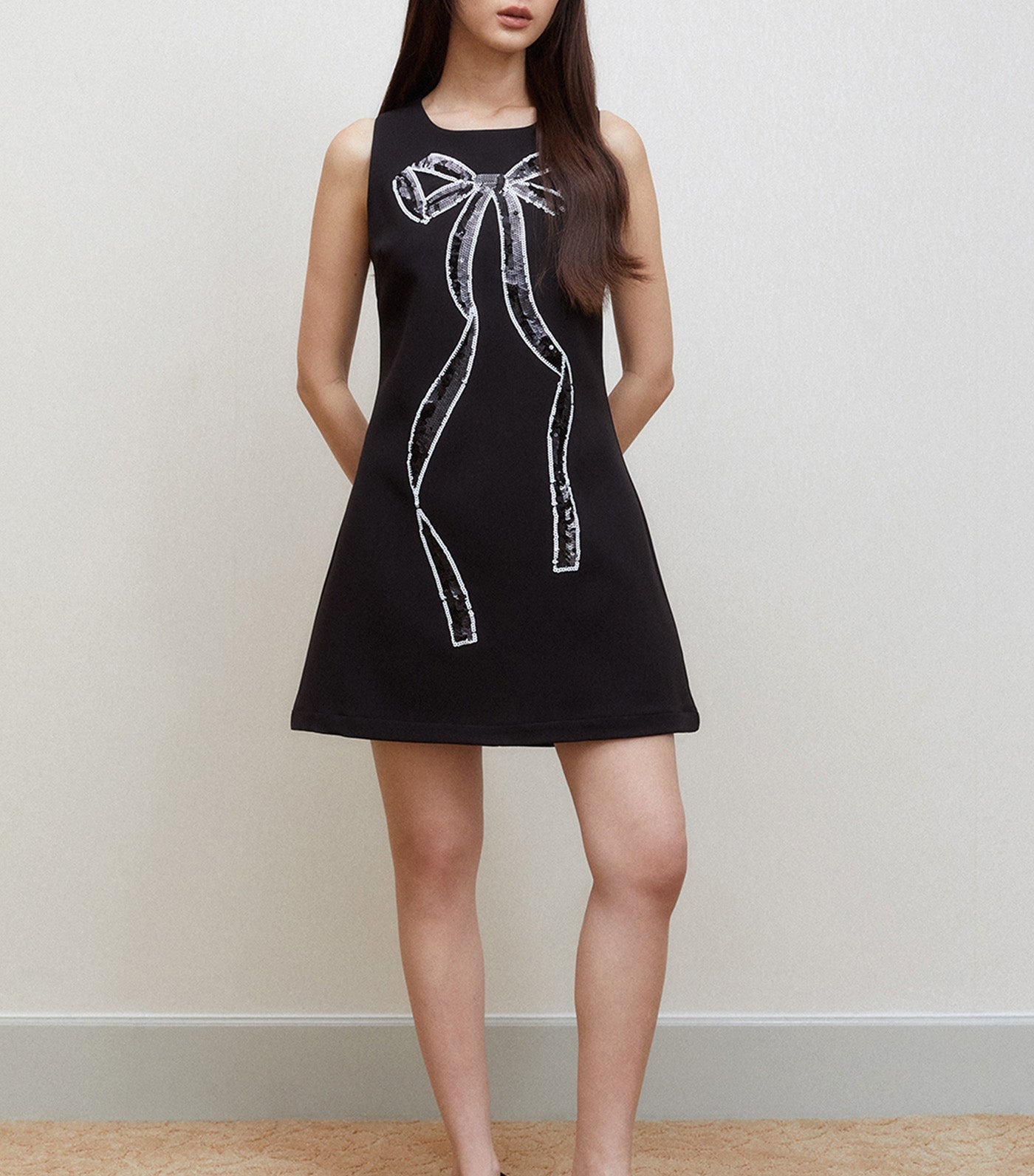 Sequin Bow Detail Mini Dress Black
