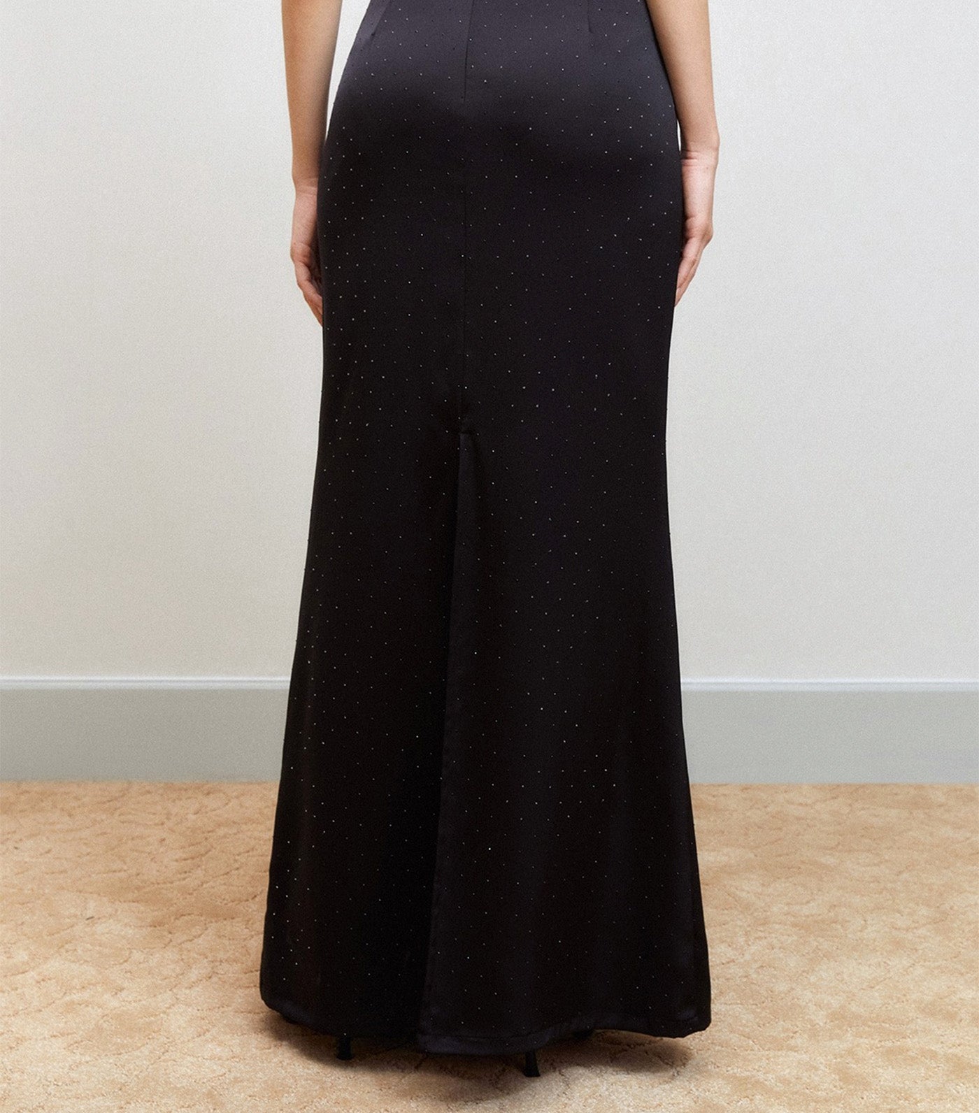 Rhinestone Embellished Satin Maxi Skirt Black