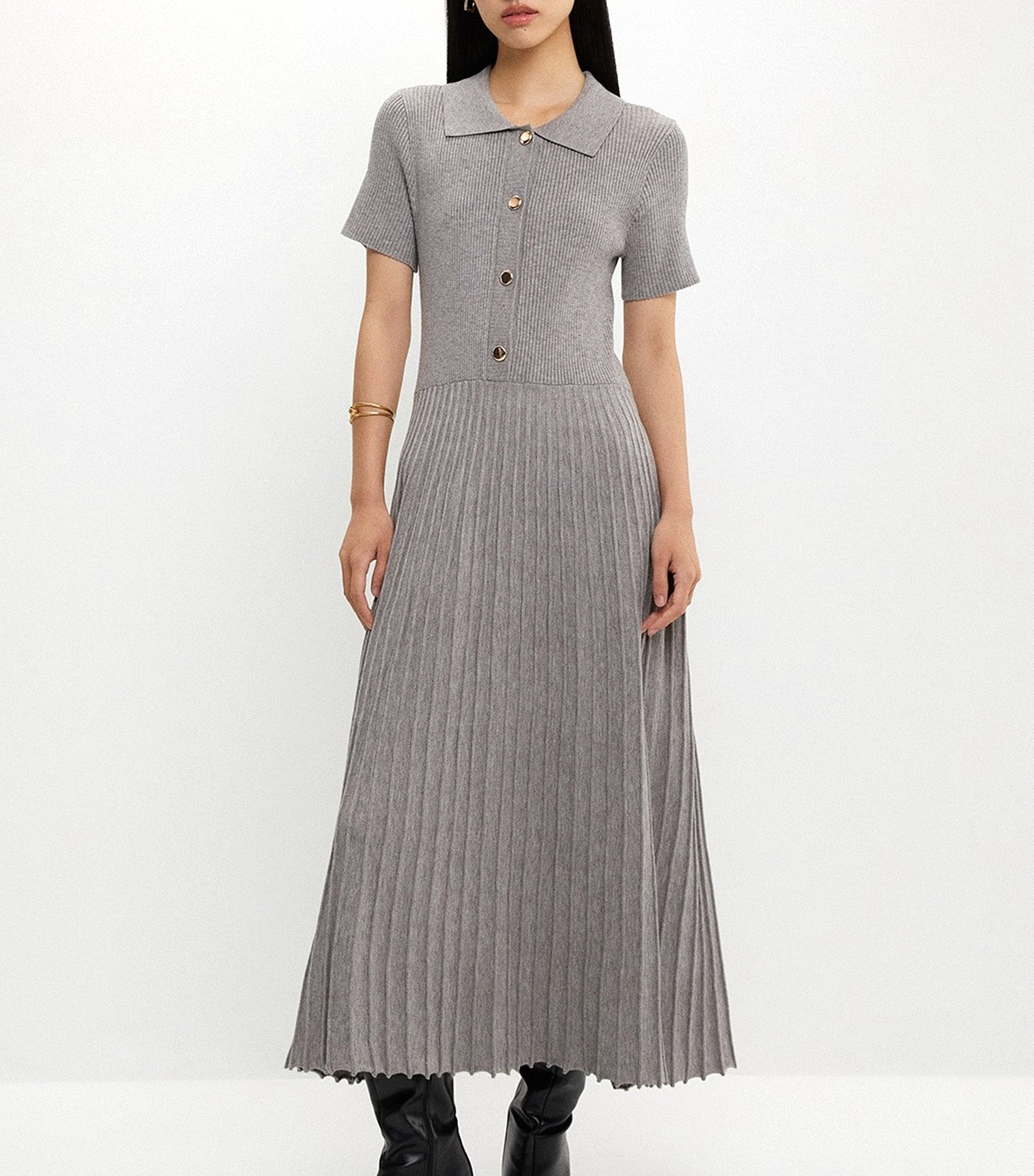 Pomelo Buttoned Pleat Knit Dress Mid Gray
