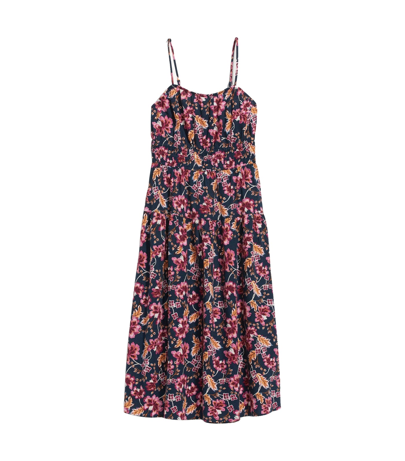 Waist-Defined Floral Linen-Blend Smocked Midi Cami Dress for Women Navy Floral