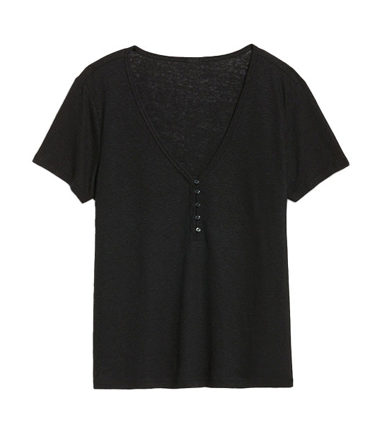 Linen-Blend V-Neck Henley T-shirt For Women Black Jack