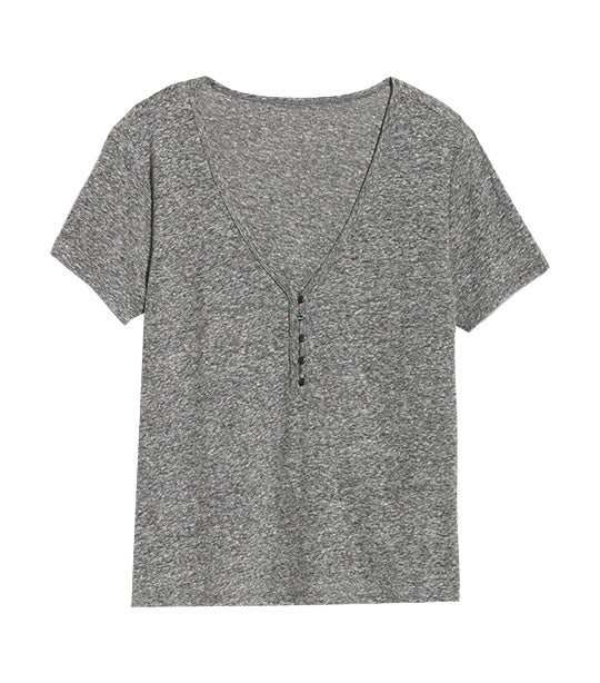 Linen-Blend V-Neck Henley T-Shirt for Women Black Wash