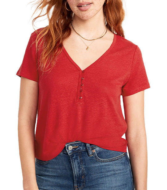 Linen-Blend V-Neck Henley T-shirt For Women Robbie Red