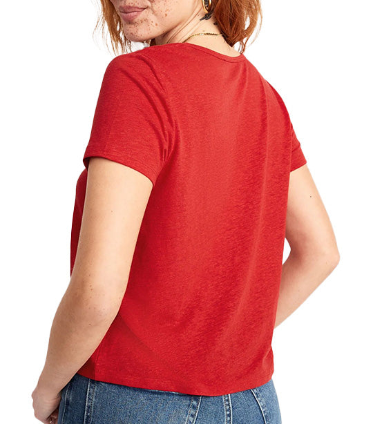 Linen-Blend V-Neck Henley T-shirt For Women Robbie Red