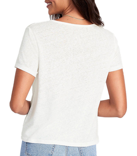 Linen-Blend V-Neck Henley T-Shirt for Women Sea Salt