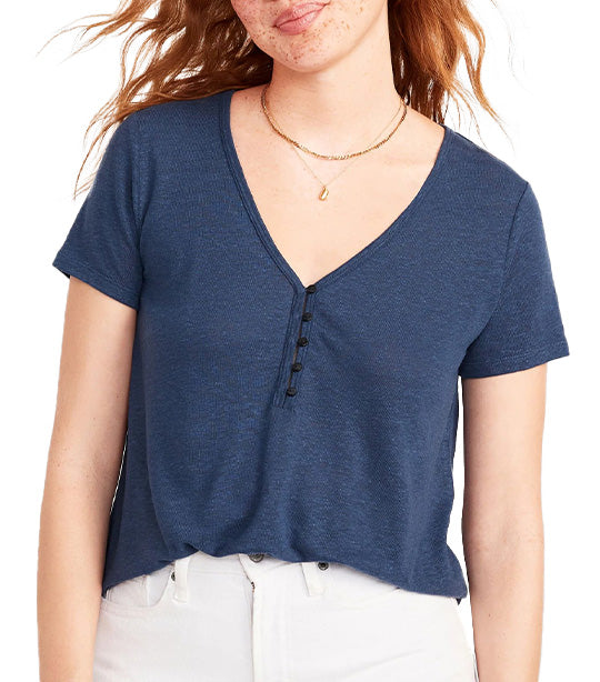 Linen-Blend V-Neck Henley T-shirt For Women Volcanic Glass