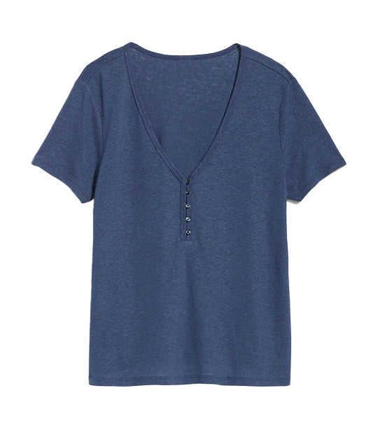Linen-Blend V-Neck Henley T-shirt For Women Volcanic Glass