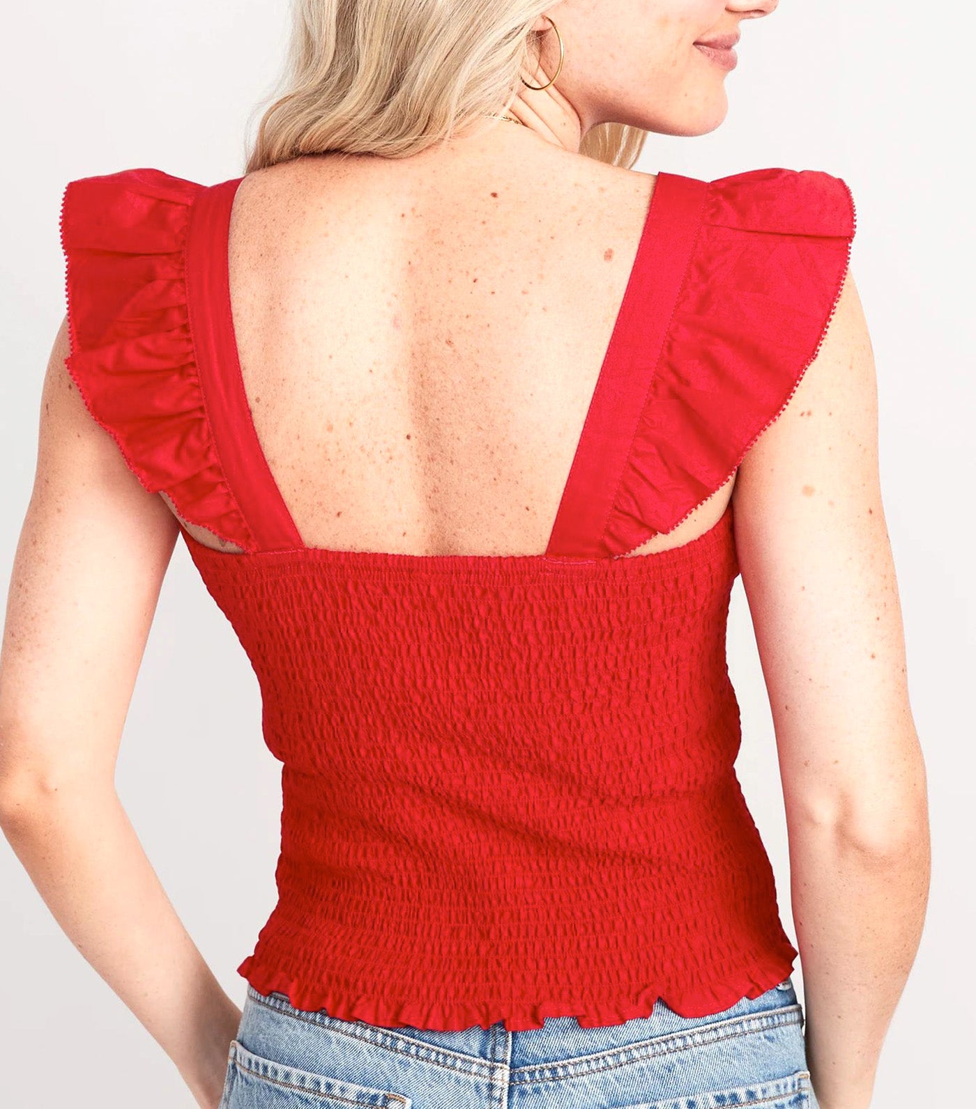 Fitted Ruffle-Trim Smocked Cropped Top for Women Robbie Red