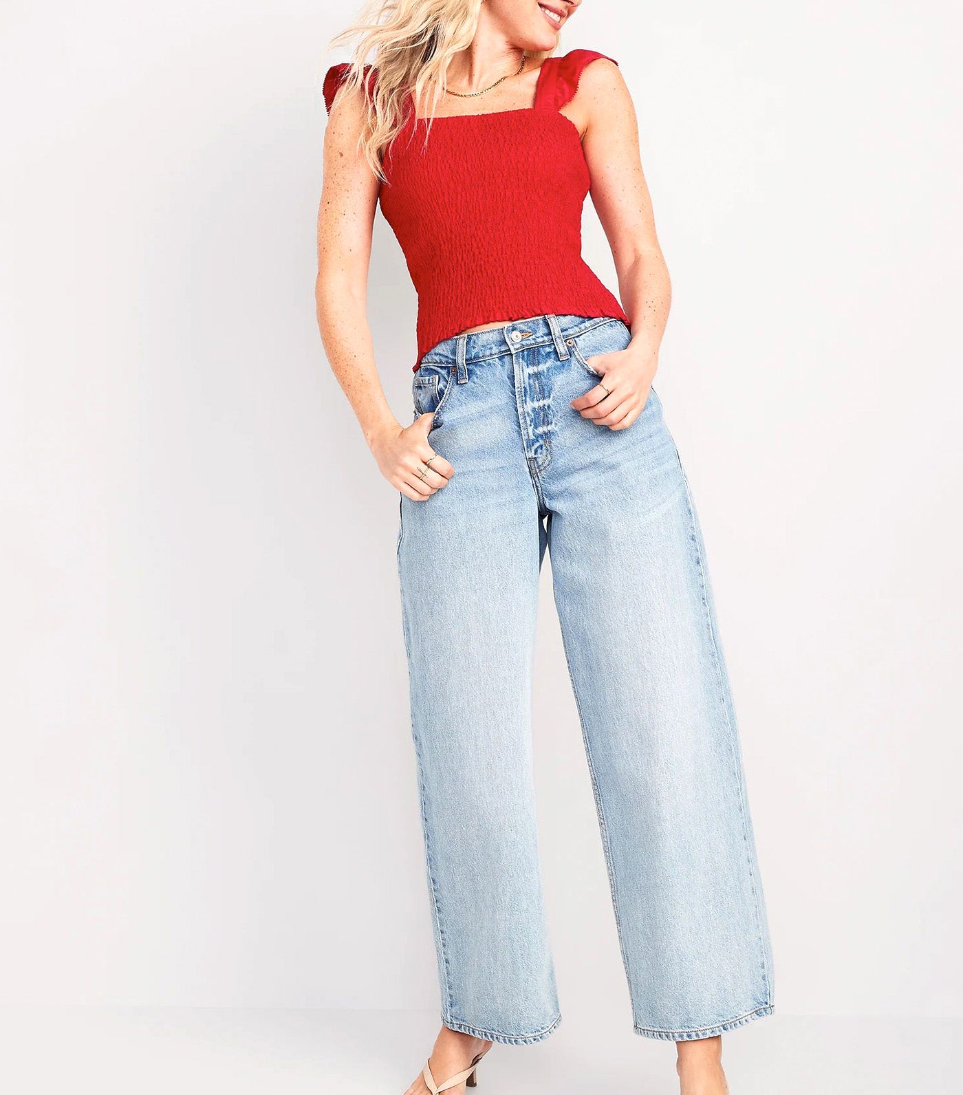 Fitted Ruffle-Trim Smocked Cropped Top for Women Robbie Red