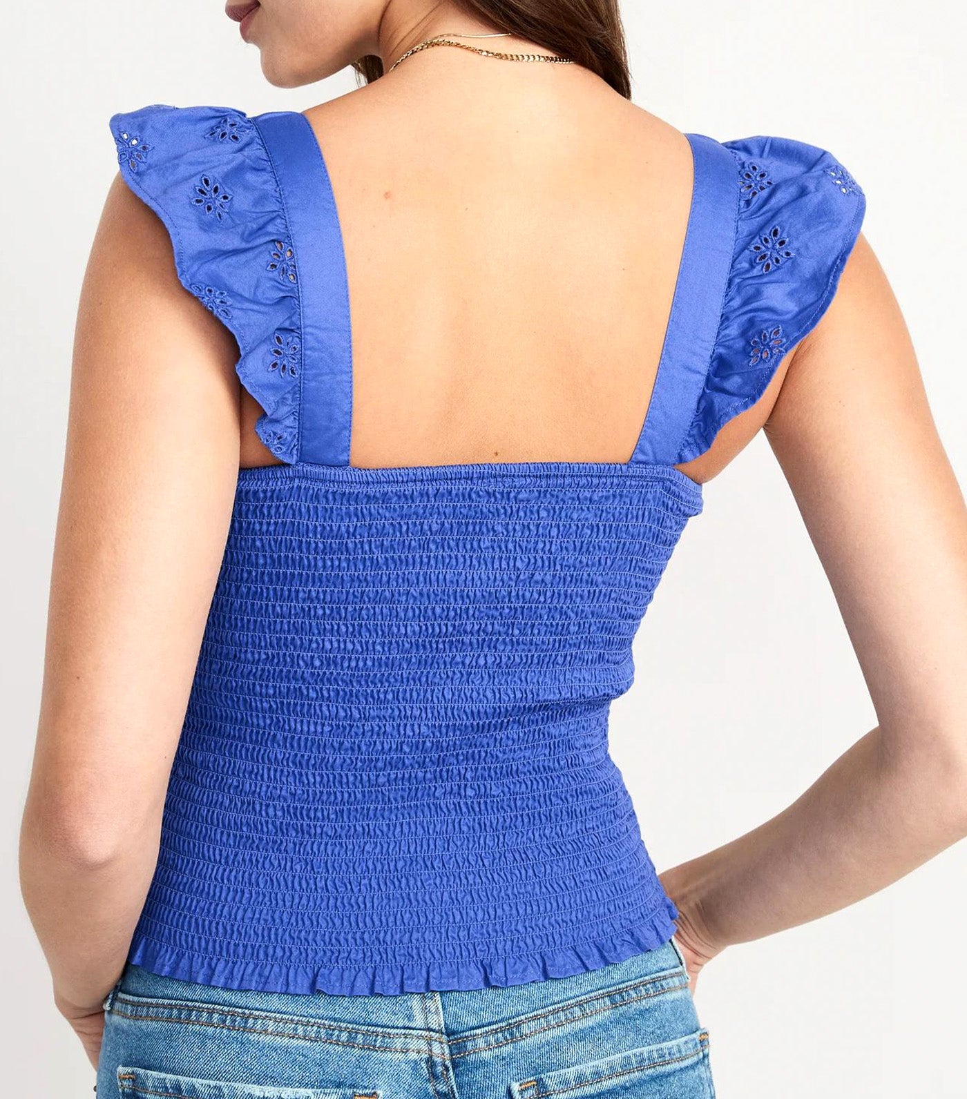 Fitted Ruffle-Trim Smocked Cropped Top for Women Batik Blue