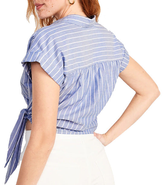 Wrap-Front Cropped Oxford Sarong Top For Women Blue Stripe