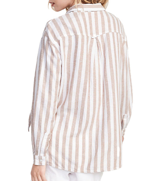 Striped Linen-blend Boyfriend Shirt For Women Earth Brown Stripe